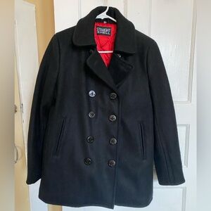 NWOT Straight to Hell unisex black wool pea coat with red quilted lining.